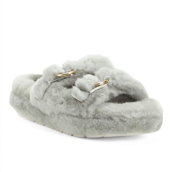 JSLIDES BROOKE Shearling Slippers with Gold Buckles - Picture 1 of 6